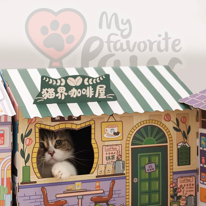 Fun and Vibrant Cardboard Cat House with Scratching Board