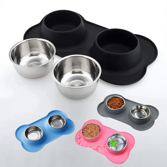 Antislip Double Dog Bowl with Silicone Mat and Stainless Steel Feeder & Water Bottle