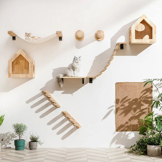 Wall-Mounted Cat Climbing Shelf with Scratching Posts