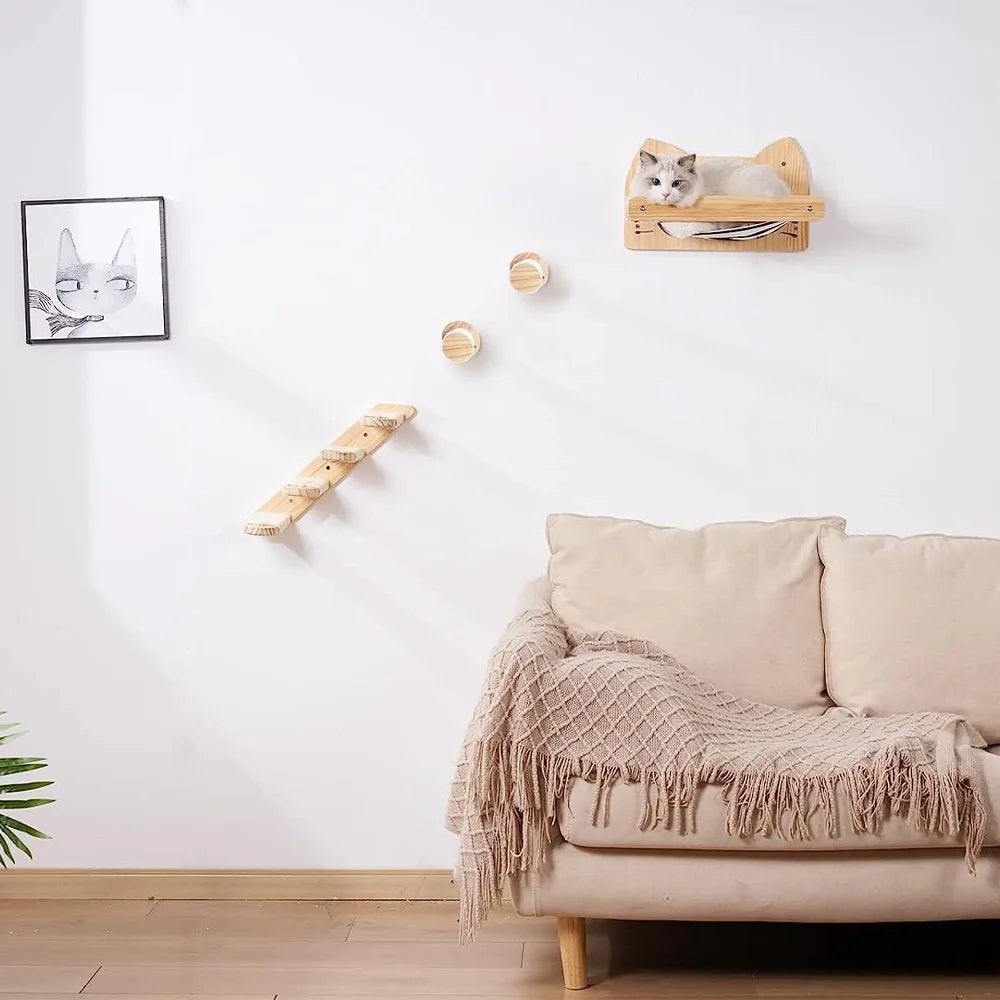 Wall-Mounted Cat Hammock with Scratching Posts, Ladder Steps & more