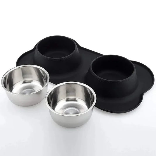 Antislip Double Dog Bowl with Silicone Mat and Stainless Steel Feeder & Water Bottle