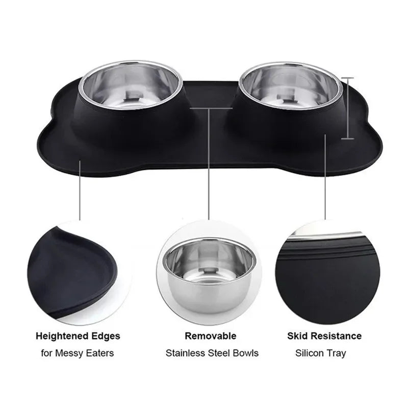 Antislip Double Dog Bowl with Silicone Mat and Stainless Steel Feeder & Water Bottle